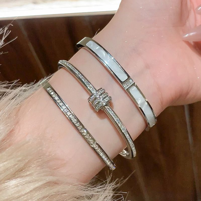 004# Gold/Silver Bangle Bracelet for Women Personalized Cubic Zirconia Stainless Steel Bracelets Oval Tiny Waist Bangles Bracelets Gifts for Love