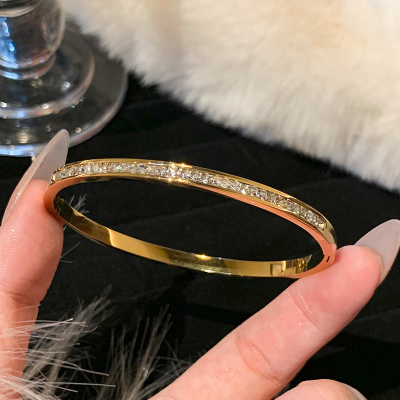 003# Gold/Silver/Rose Gold Stainless Steel Pave Cubic Zironia Simulate Diamond Stackable Oval Hinged Bangle Bracelet