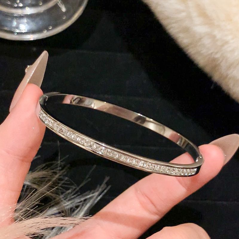 003# Gold/Silver/Rose Gold Stainless Steel Pave Cubic Zironia Simulate Diamond Stackable Oval Hinged Bangle Bracelet