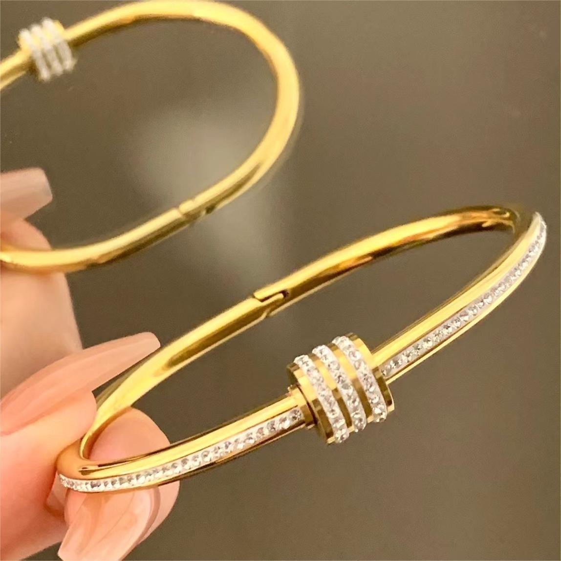 004# Gold/Silver Bangle Bracelet for Women Personalized Cubic Zirconia Stainless Steel Bracelets Oval Tiny Waist Bangles Bracelets Gifts for Love