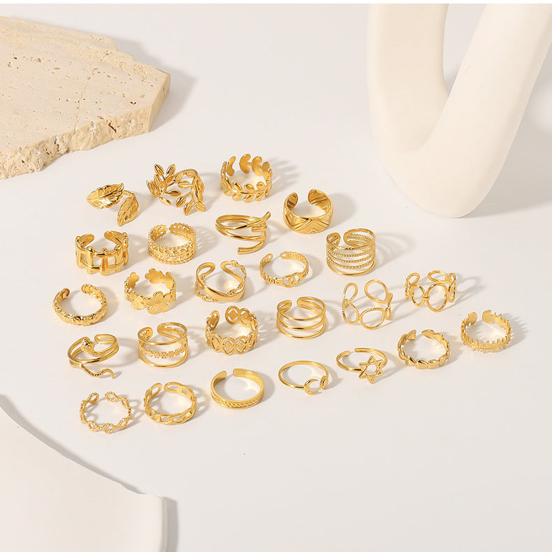1001# Leaf geometric hollow flower 18k gold-plated snake-shaped high-end multi-layered titanium steel ring for women