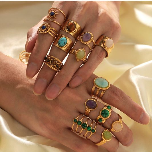 1003# Retro round geometric emerald stone colored natural stone stainless steel ring 18k gold plated ring