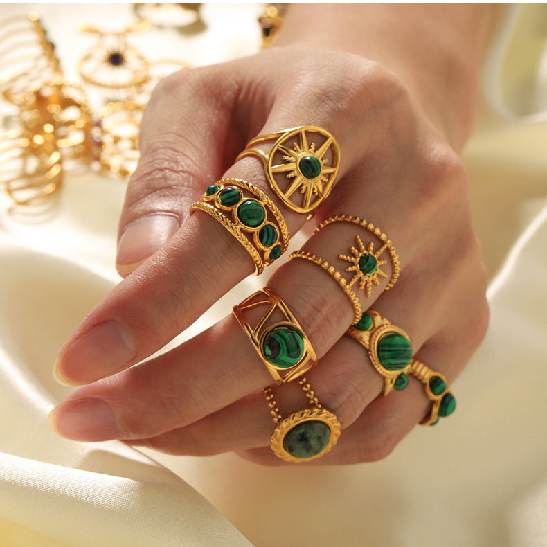1003# Retro round geometric emerald stone colored natural stone stainless steel ring 18k gold plated ring