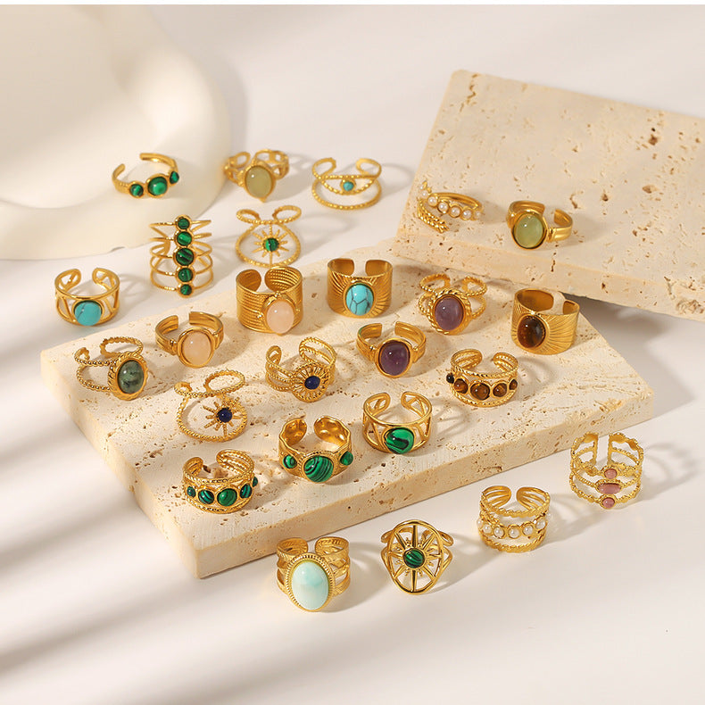 1003# Retro round geometric emerald stone colored natural stone stainless steel ring 18k gold plated ring