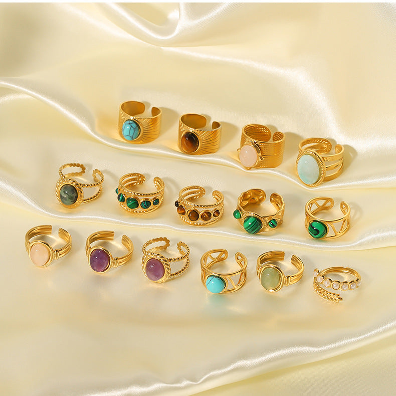 1003# Retro round geometric emerald stone colored natural stone stainless steel ring 18k gold plated ring