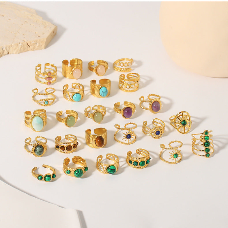 1003# Retro round geometric emerald stone colored natural stone stainless steel ring 18k gold plated ring