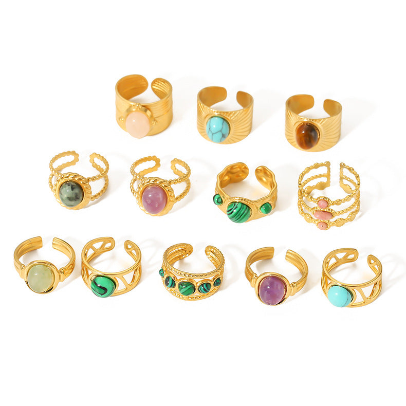 1003# Retro round geometric emerald stone colored natural stone stainless steel ring 18k gold plated ring