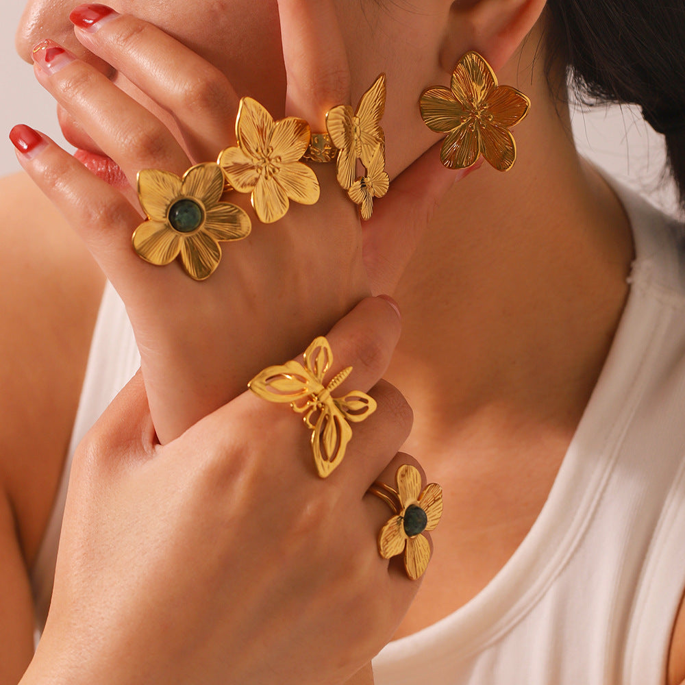 1004# New style gold color flower butterfly stainless steel 18k gold plated turquoise open ring elegant bracelet