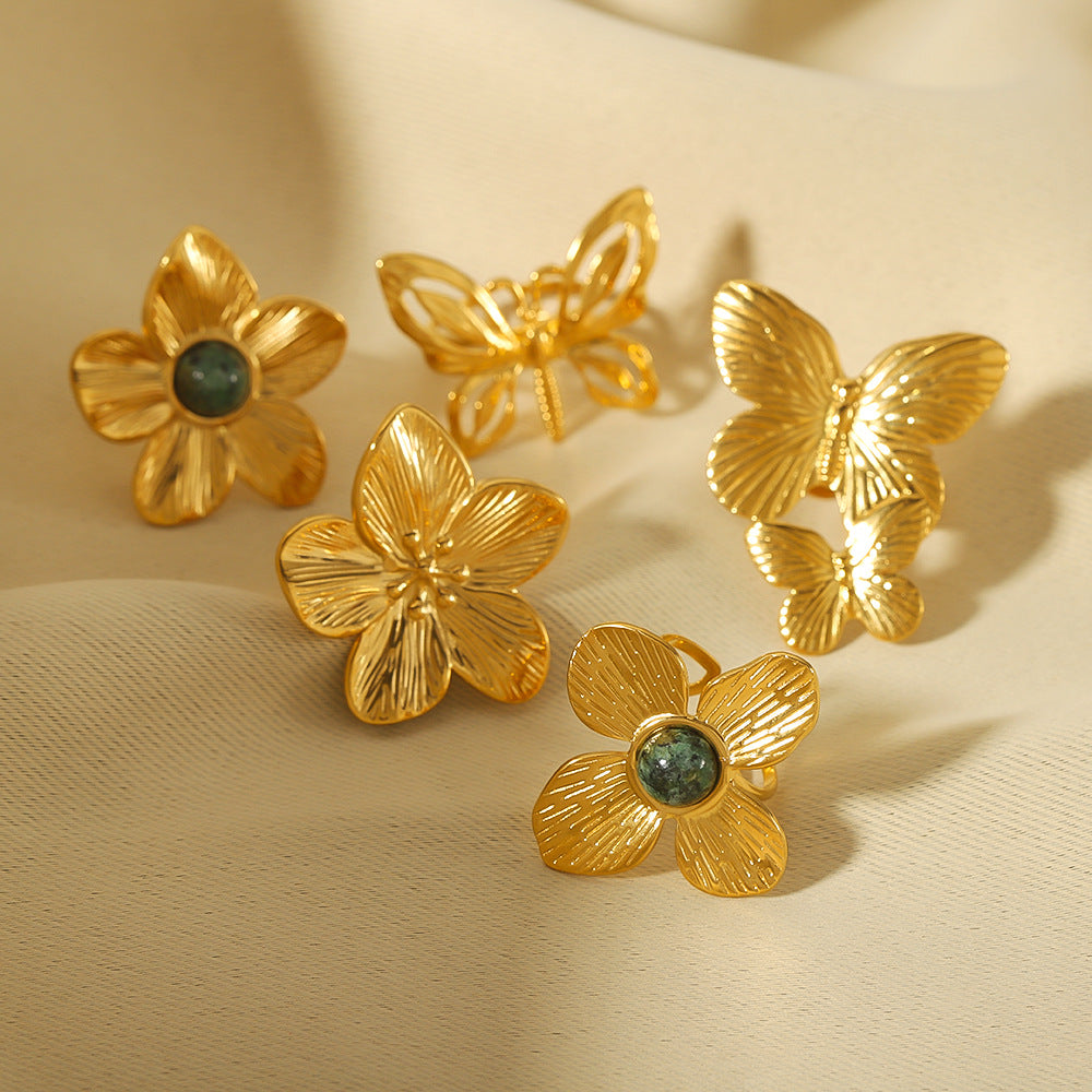 1004# New style gold color flower butterfly stainless steel 18k gold plated turquoise open ring elegant bracelet