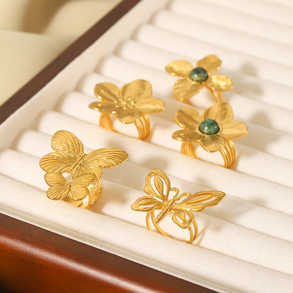 1004# New style gold color flower butterfly stainless steel 18k gold plated turquoise open ring elegant bracelet