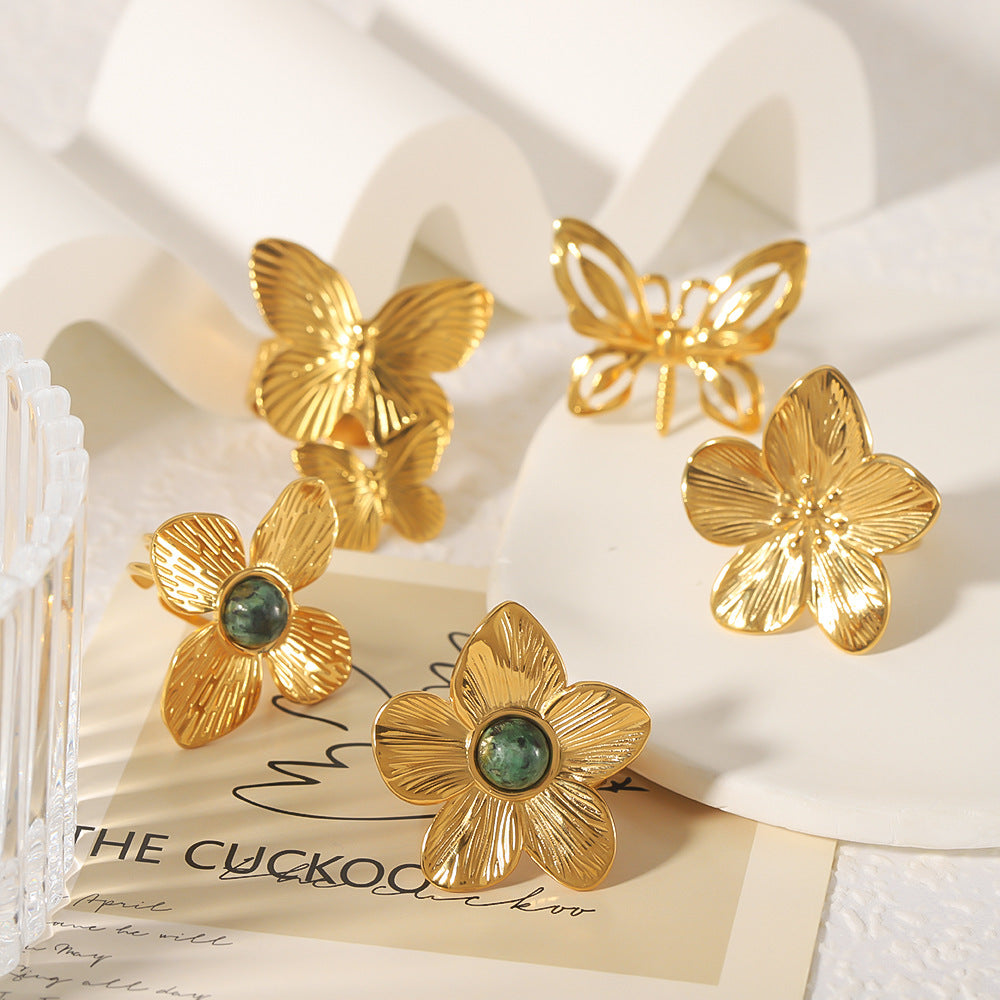 1004# New style gold color flower butterfly stainless steel 18k gold plated turquoise open ring elegant bracelet