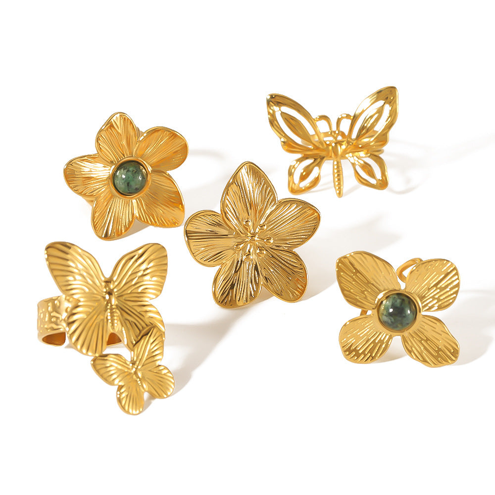1004# New style gold color flower butterfly stainless steel 18k gold plated turquoise open ring elegant bracelet