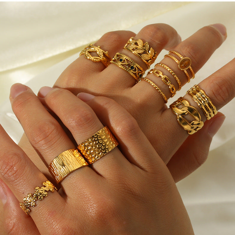 1005# French retro niche design irregular hydraulic ring 18k gold titanium steel open ring for women