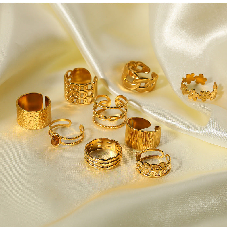 1005# French retro niche design irregular hydraulic ring 18k gold titanium steel open ring for women