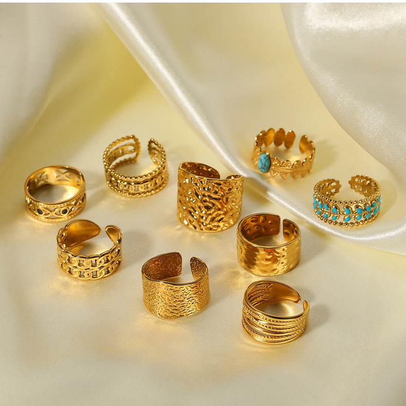 1005# French retro niche design irregular hydraulic ring 18k gold titanium steel open ring for women