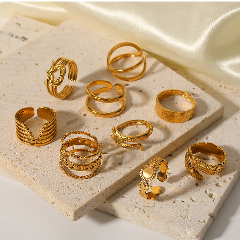 1005# French retro niche design irregular hydraulic ring 18k gold titanium steel open ring for women