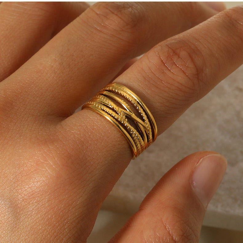 1005# French retro niche design irregular hydraulic ring 18k gold titanium steel open ring for women