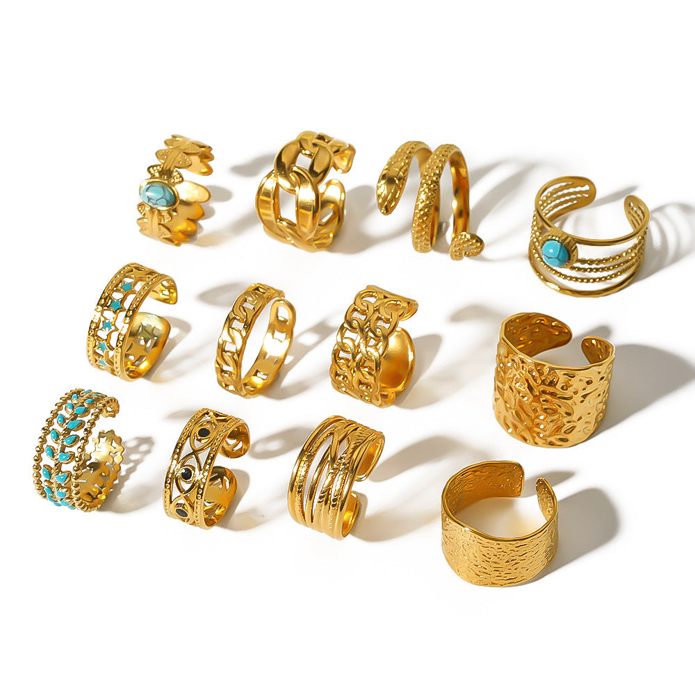 1005# French retro niche design irregular hydraulic ring 18k gold titanium steel open ring for women