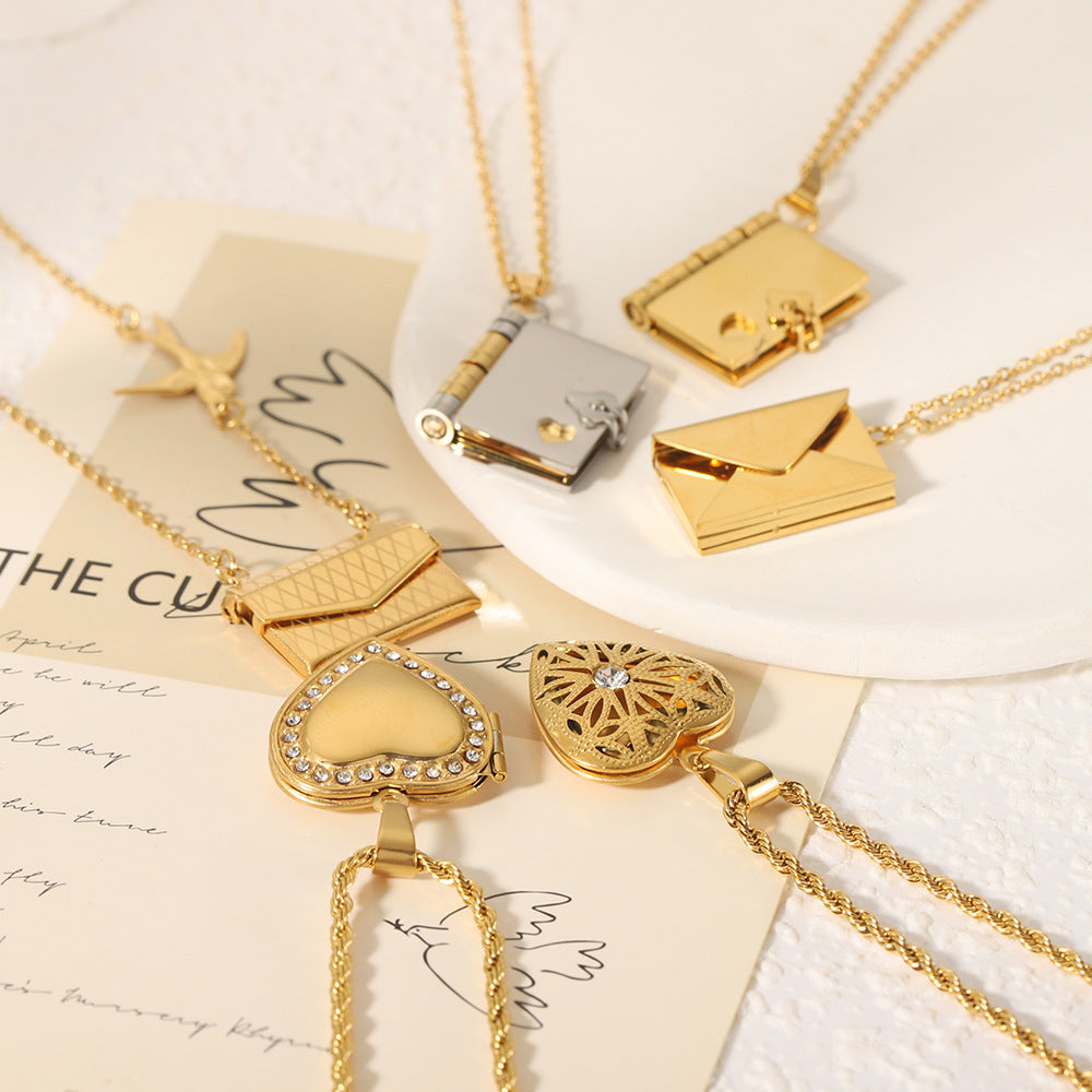 1101# Stainless steel couple book pendant necklace love opening and closing book necklace clavicle chain