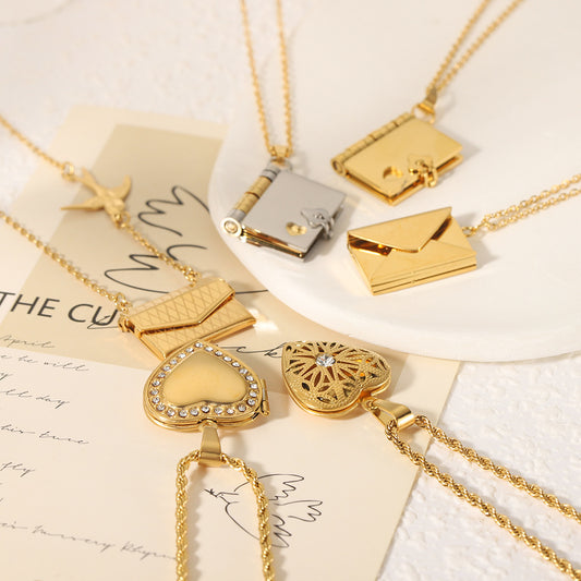 1101# Stainless steel couple book pendant necklace love opening and closing book necklace clavicle chain