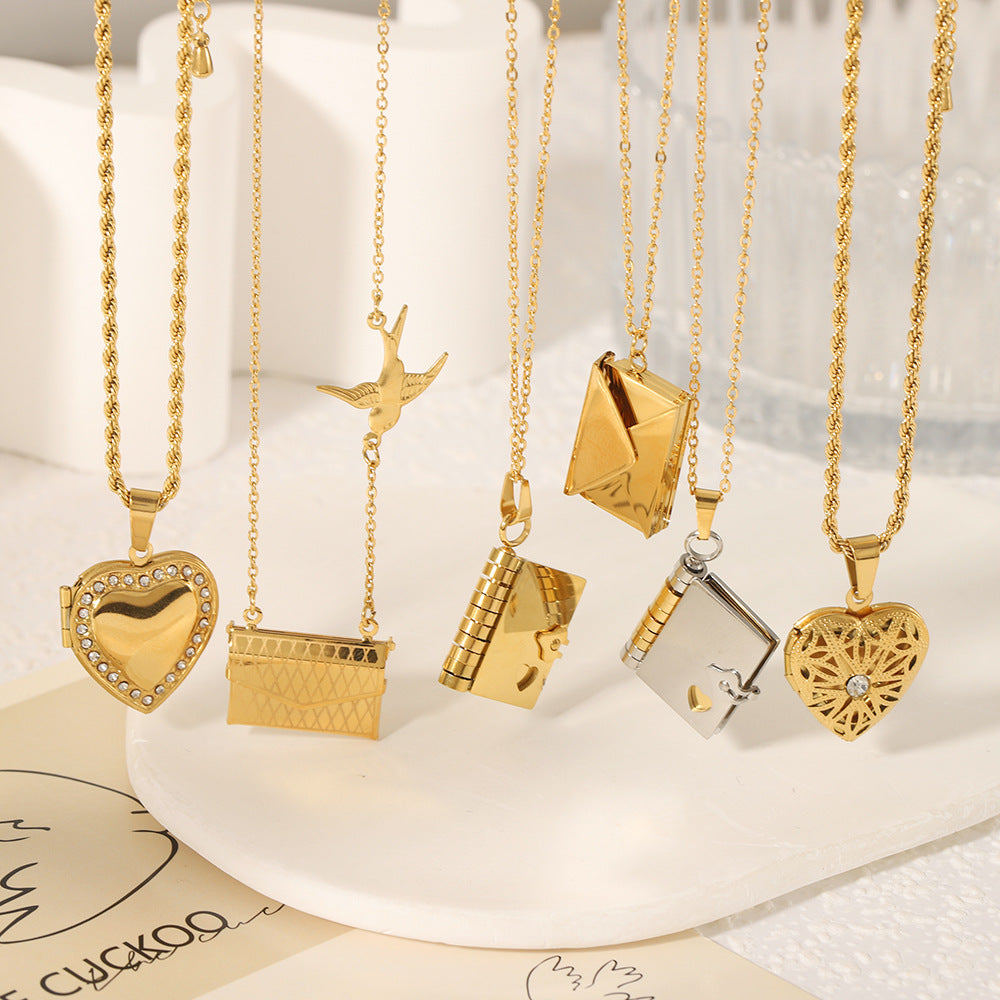 1101# Stainless steel couple book pendant necklace love opening and closing book necklace clavicle chain