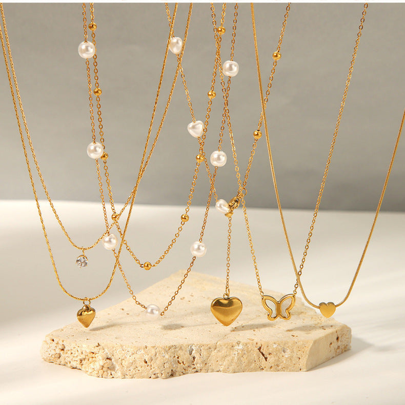 1107# Stainless steel heart-shaped pearl shell necklace women's light luxury tassel necklace jewelry