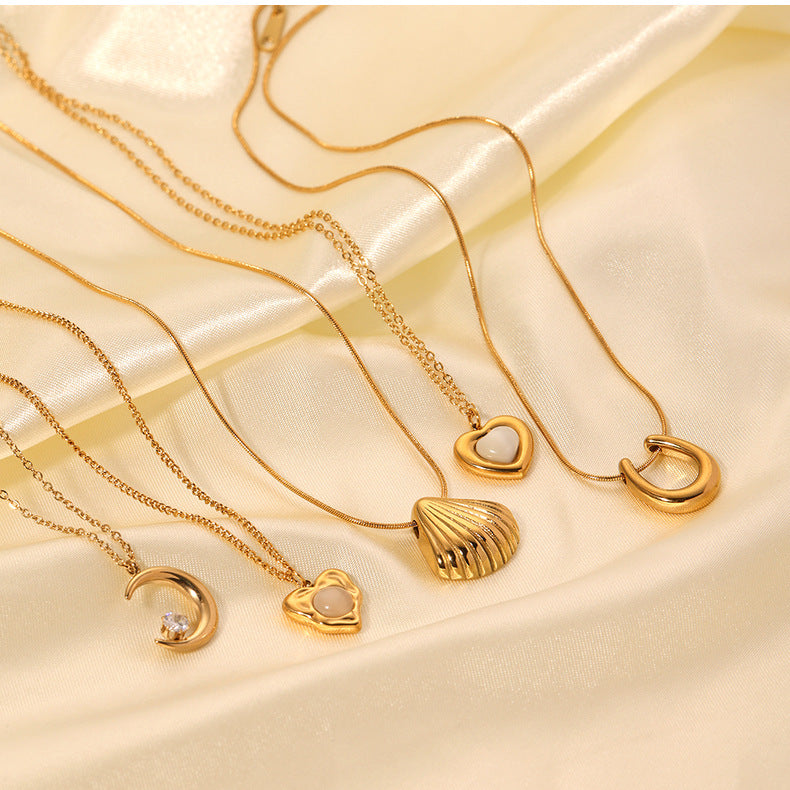 1108# Stainless steel high-grade cat's eye stone zircon pearl smiley face necklace women's light luxury necklace jewelry