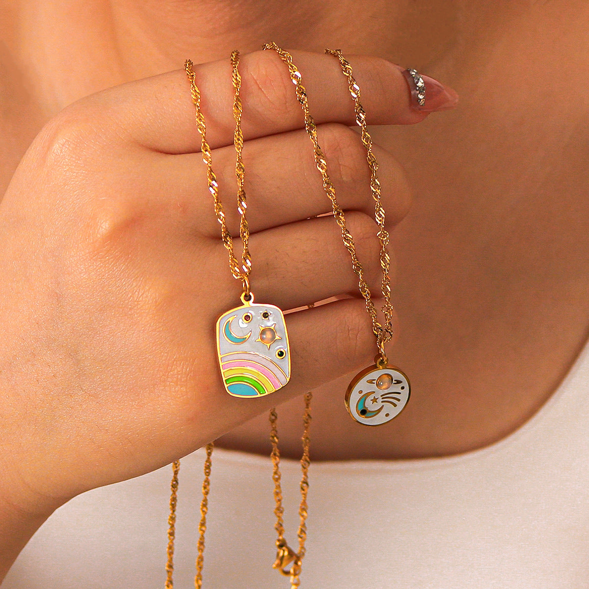 1111# Retro Style Stainless Steel Oil Drop Pendant Necklace Enamel Painted Stars and Moon Inlaid Cat's Eye Jewelry for Women
