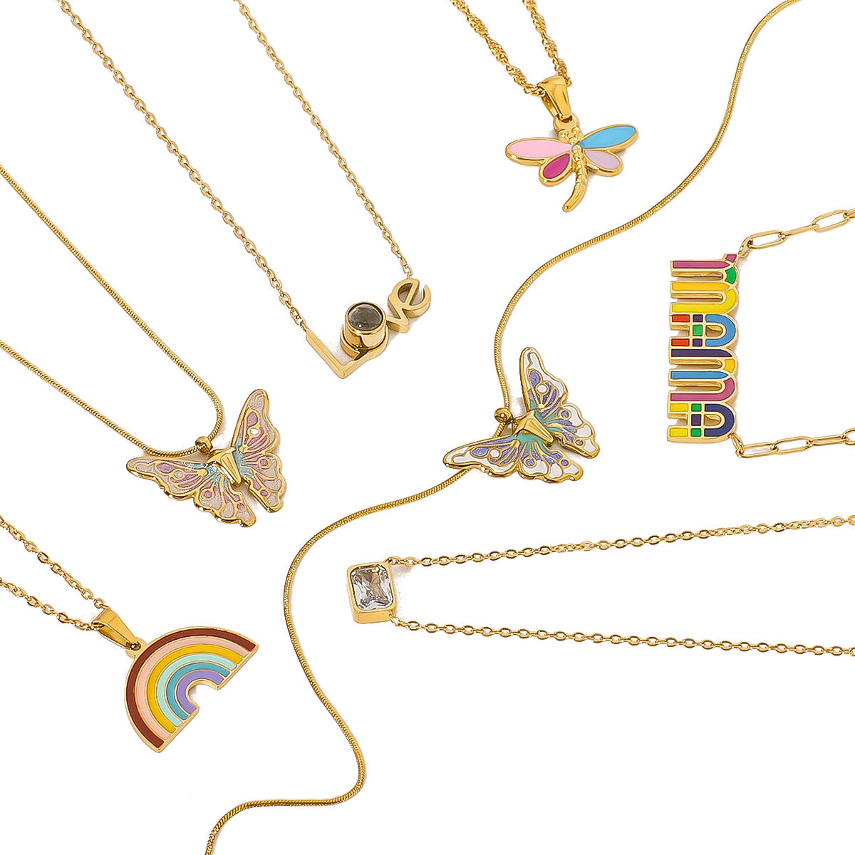 1112# Stainless steel 18k gold plated simple butterfly rainbow love color necklace niche European and American oil dripping clavicle chain