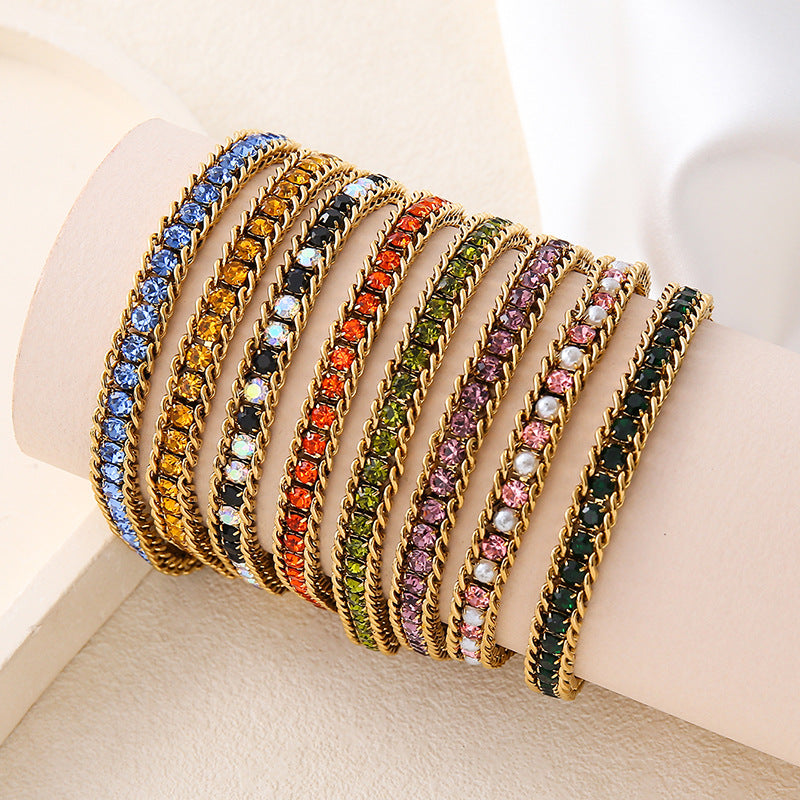 029#_ Stainless steel colored zircon, non-fading, versatile fashionable bracelet.
