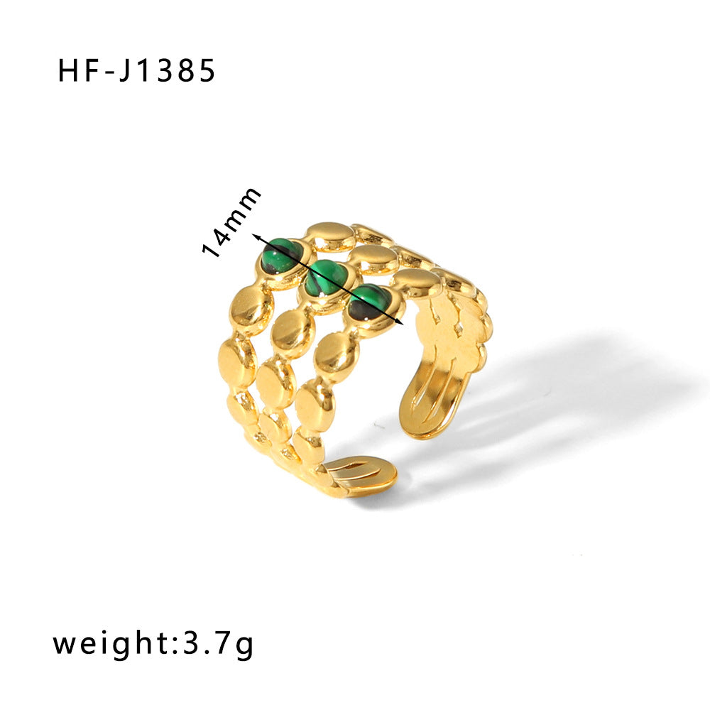 1003# Retro round geometric emerald stone colored natural stone stainless steel ring 18k gold plated ring