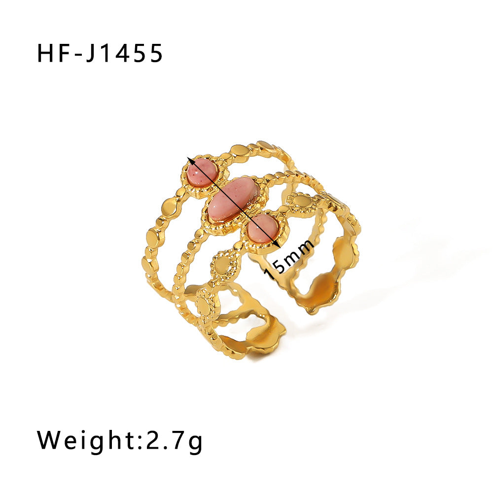 1003# Retro round geometric emerald stone colored natural stone stainless steel ring 18k gold plated ring