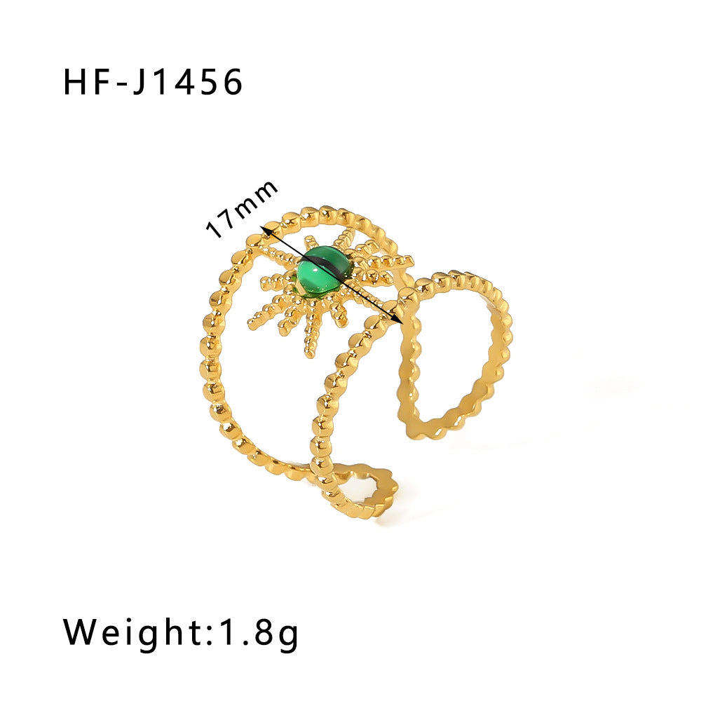 1003# Retro round geometric emerald stone colored natural stone stainless steel ring 18k gold plated ring