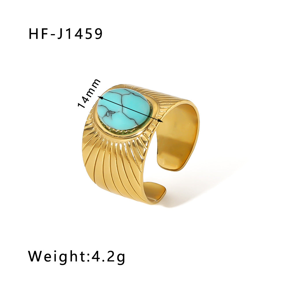 1003# Retro round geometric emerald stone colored natural stone stainless steel ring 18k gold plated ring