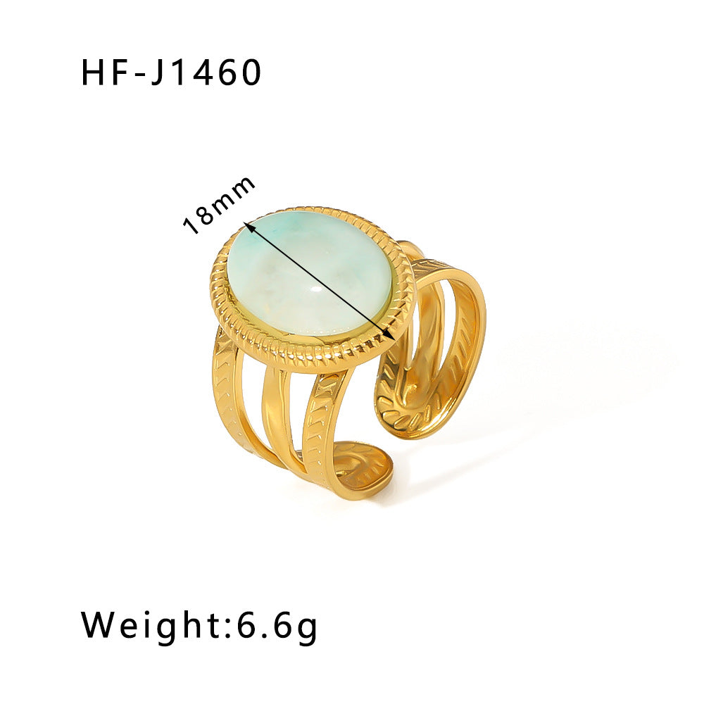 1003# Retro round geometric emerald stone colored natural stone stainless steel ring 18k gold plated ring