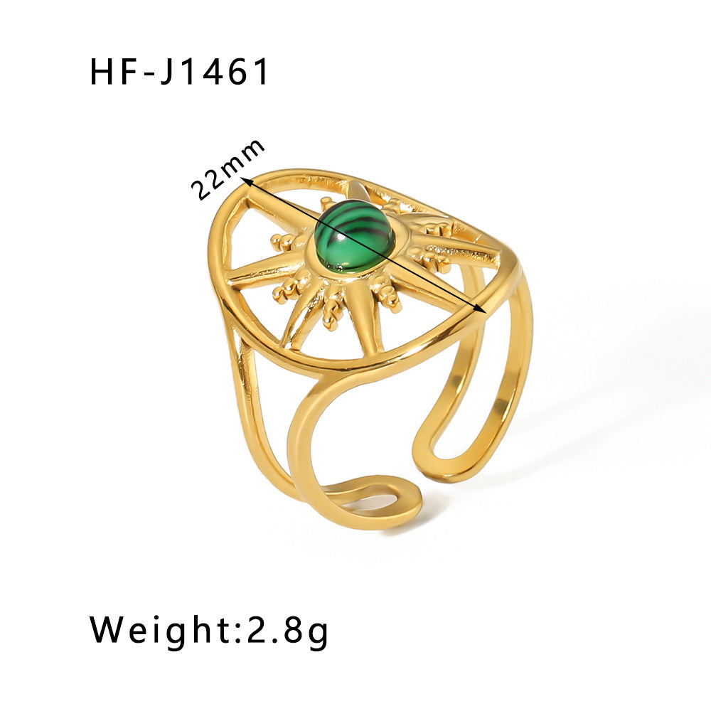 1003# Retro round geometric emerald stone colored natural stone stainless steel ring 18k gold plated ring