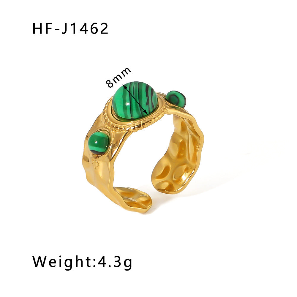 1003# Retro round geometric emerald stone colored natural stone stainless steel ring 18k gold plated ring