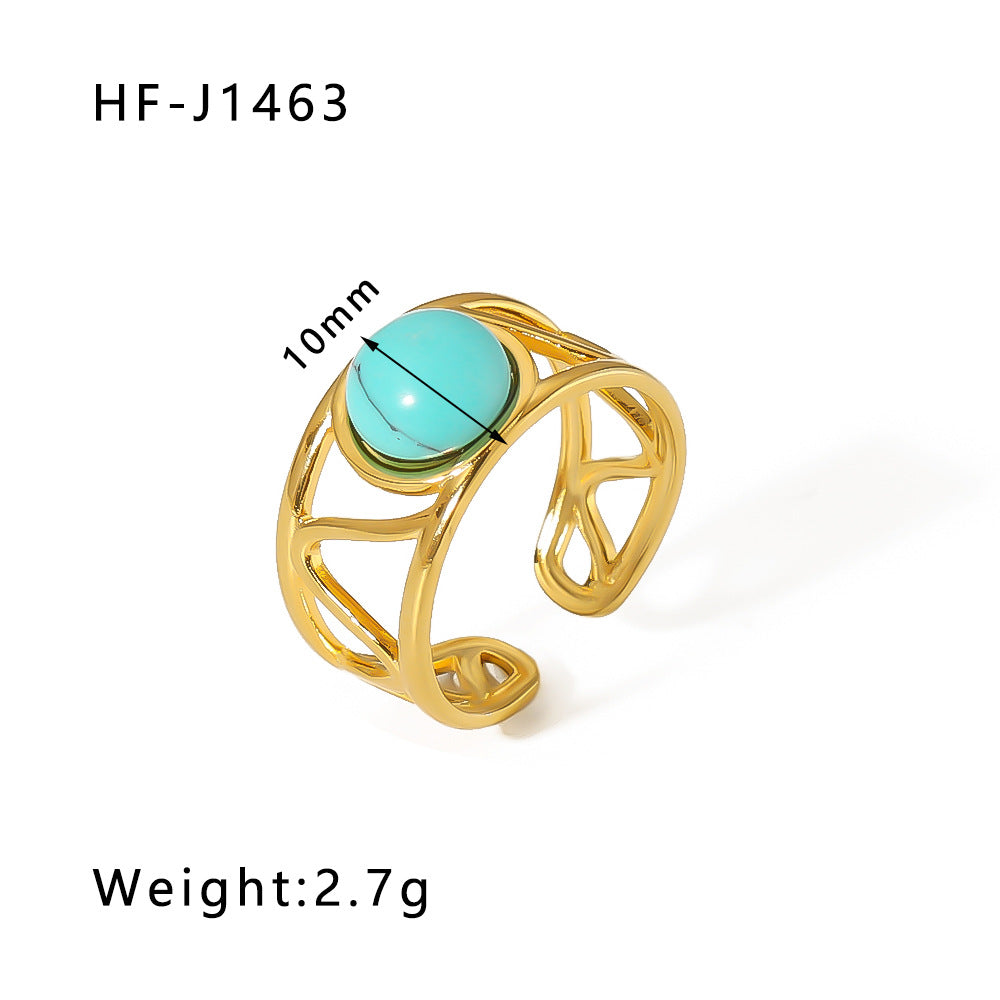 1003# Retro round geometric emerald stone colored natural stone stainless steel ring 18k gold plated ring
