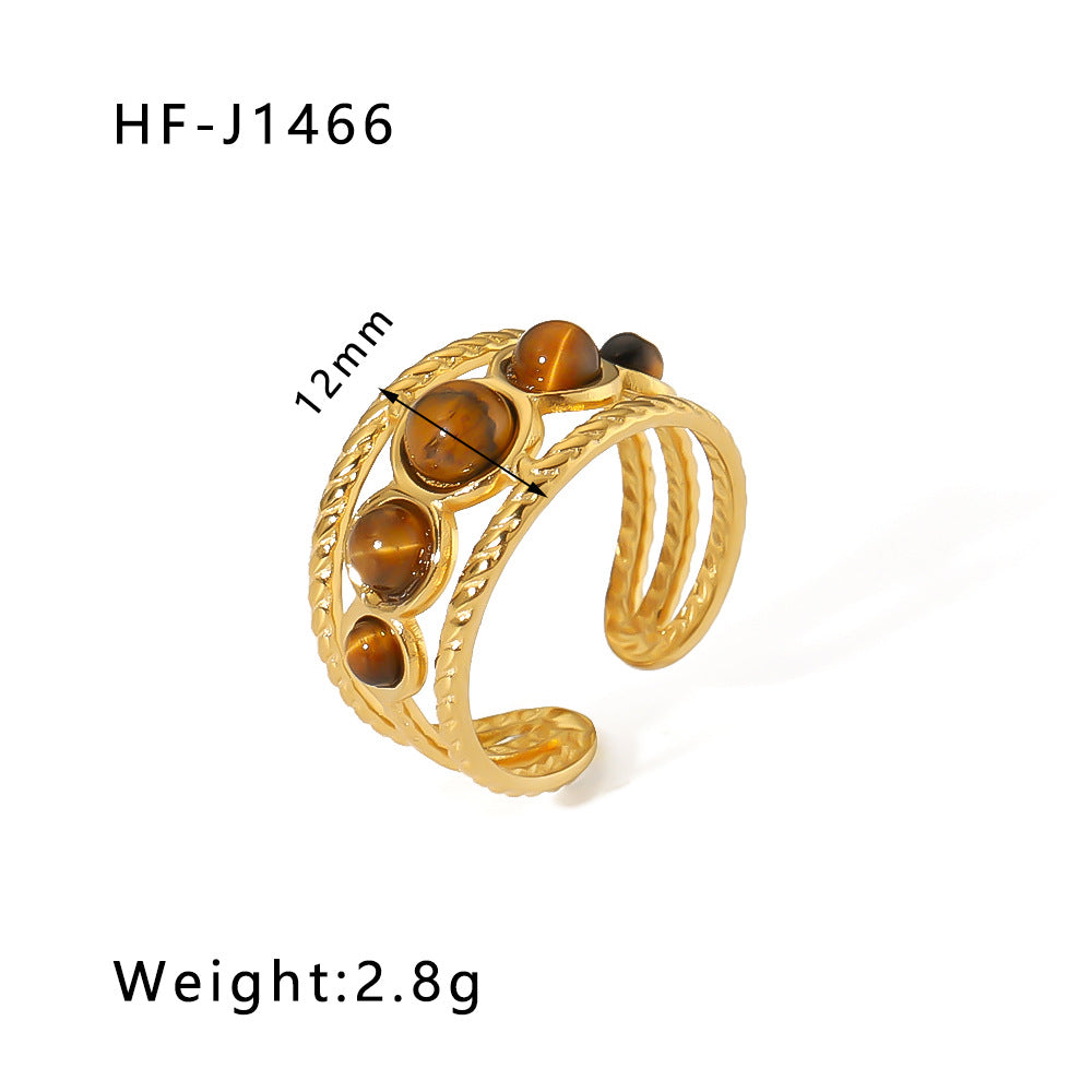 1003# Retro round geometric emerald stone colored natural stone stainless steel ring 18k gold plated ring