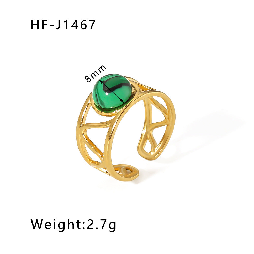 1003# Retro round geometric emerald stone colored natural stone stainless steel ring 18k gold plated ring
