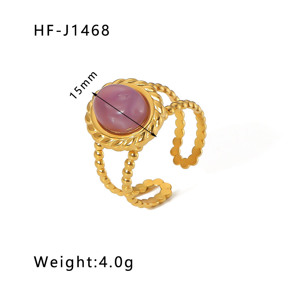 1003# Retro round geometric emerald stone colored natural stone stainless steel ring 18k gold plated ring