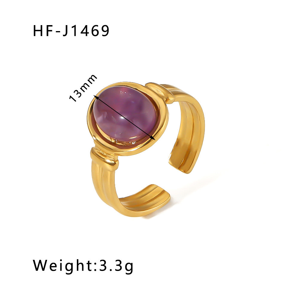 1003# Retro round geometric emerald stone colored natural stone stainless steel ring 18k gold plated ring