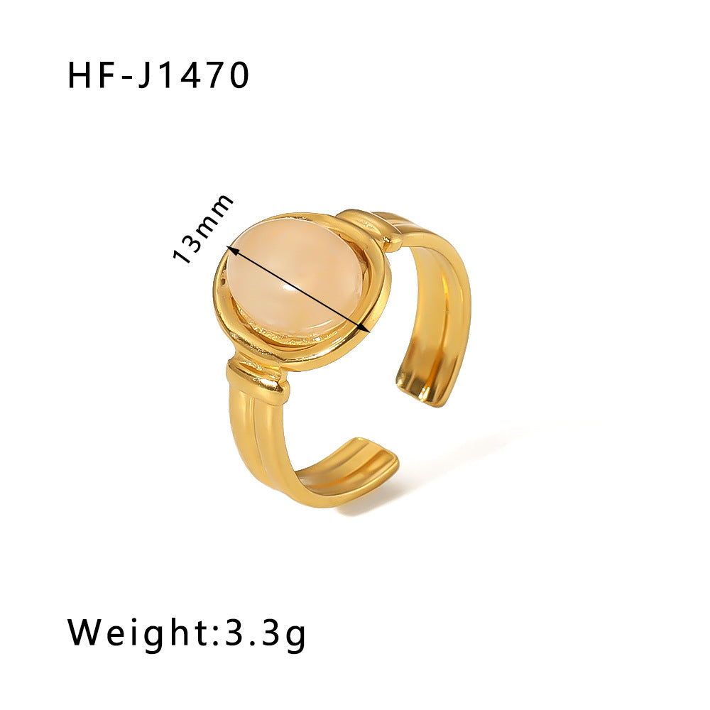 1003# Retro round geometric emerald stone colored natural stone stainless steel ring 18k gold plated ring