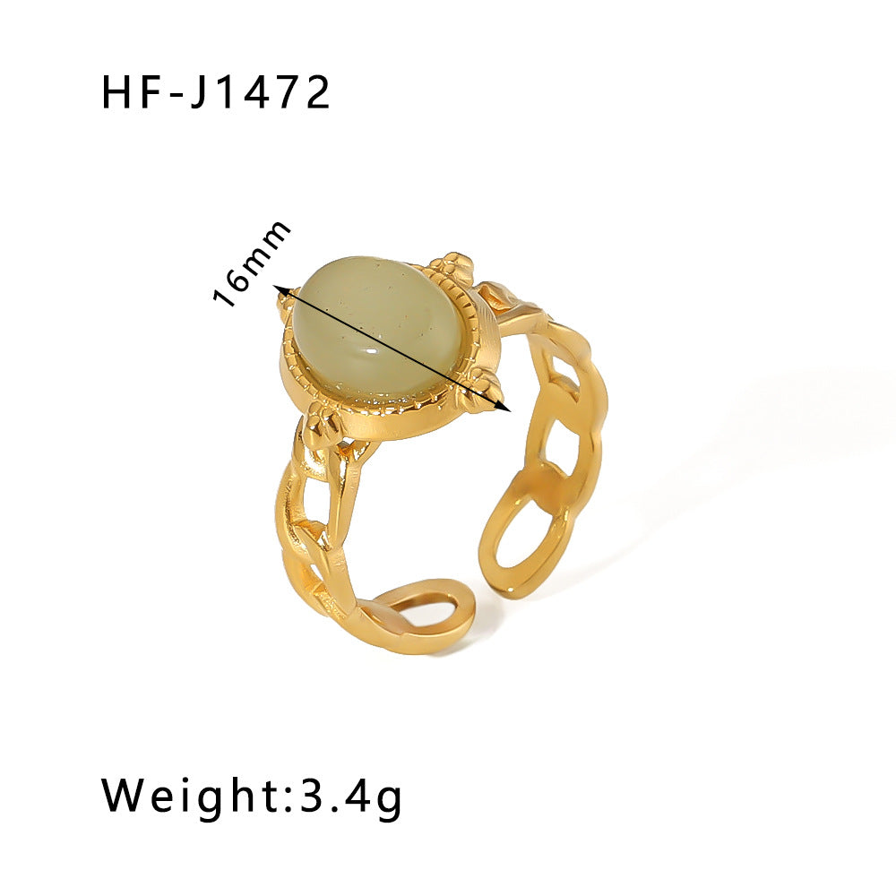 1003# Retro round geometric emerald stone colored natural stone stainless steel ring 18k gold plated ring