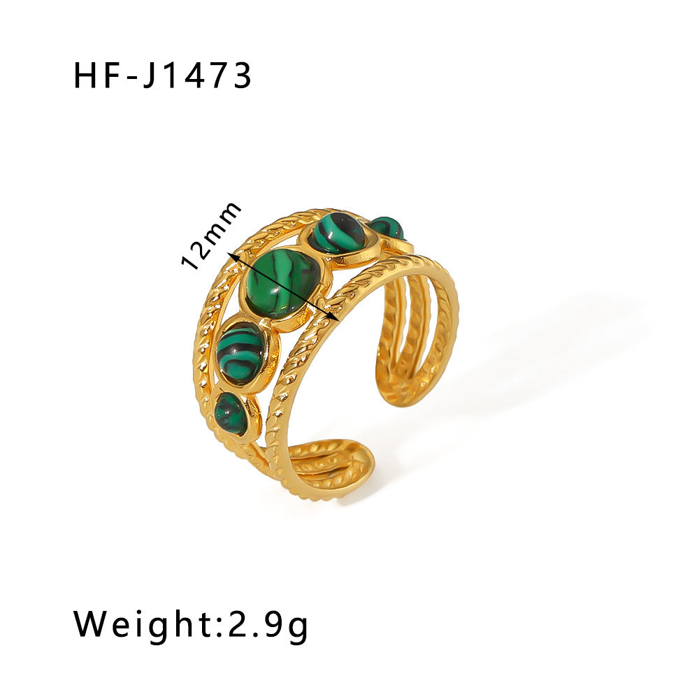 1003# Retro round geometric emerald stone colored natural stone stainless steel ring 18k gold plated ring