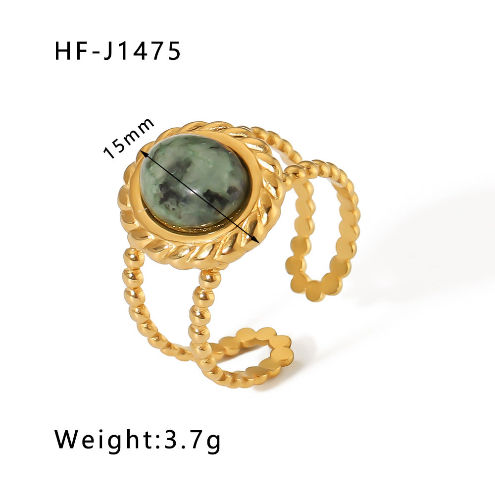 1003# Retro round geometric emerald stone colored natural stone stainless steel ring 18k gold plated ring