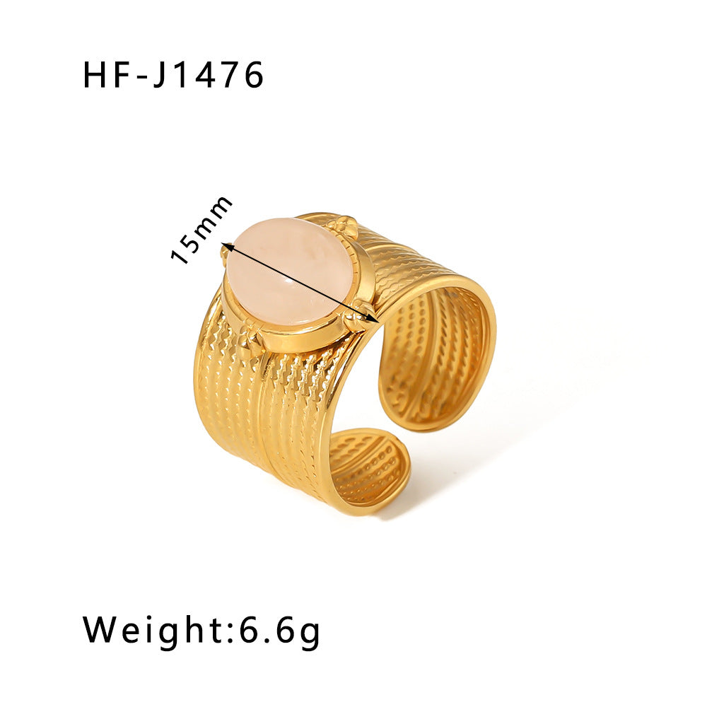 1003# Retro round geometric emerald stone colored natural stone stainless steel ring 18k gold plated ring