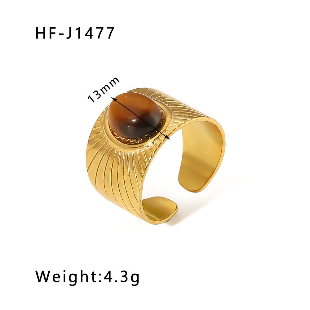1003# Retro round geometric emerald stone colored natural stone stainless steel ring 18k gold plated ring
