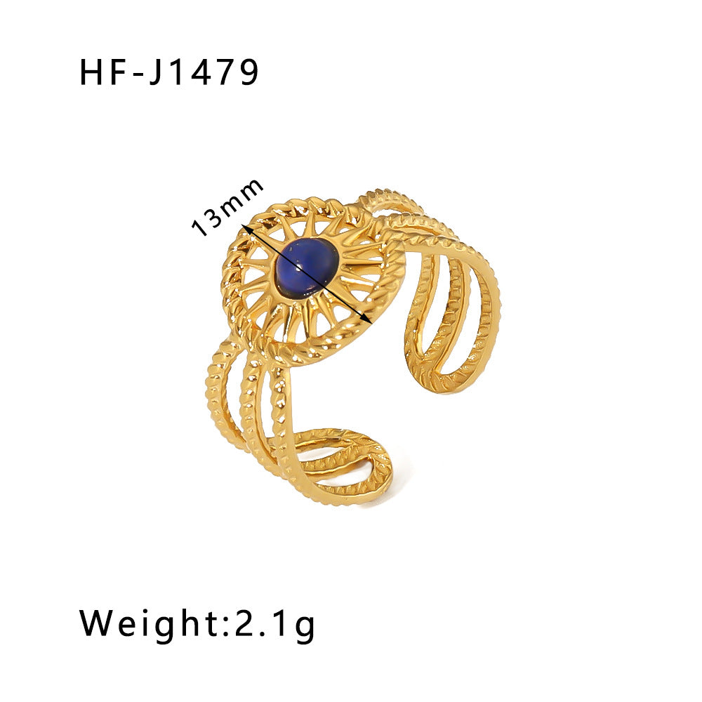 1003# Retro round geometric emerald stone colored natural stone stainless steel ring 18k gold plated ring