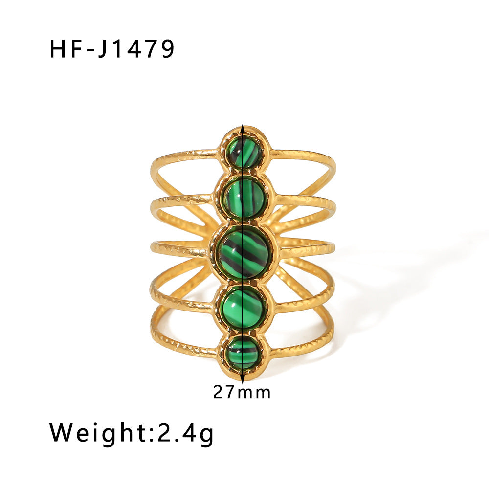 1003# Retro round geometric emerald stone colored natural stone stainless steel ring 18k gold plated ring